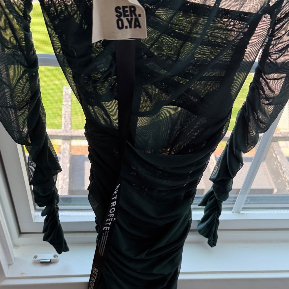 NWT Seroya Sheer Long-Sleeve Ruched Emerald Green Women’s Dress - Picture 4 of 6